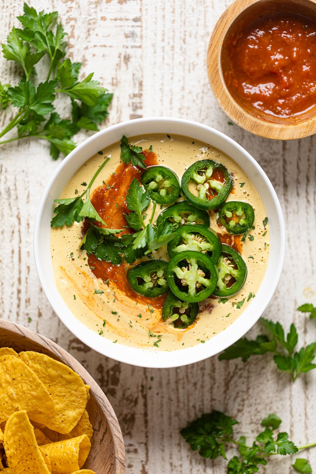 Overhead shot of a bowl of Vegan Jalapeno Queso Dip