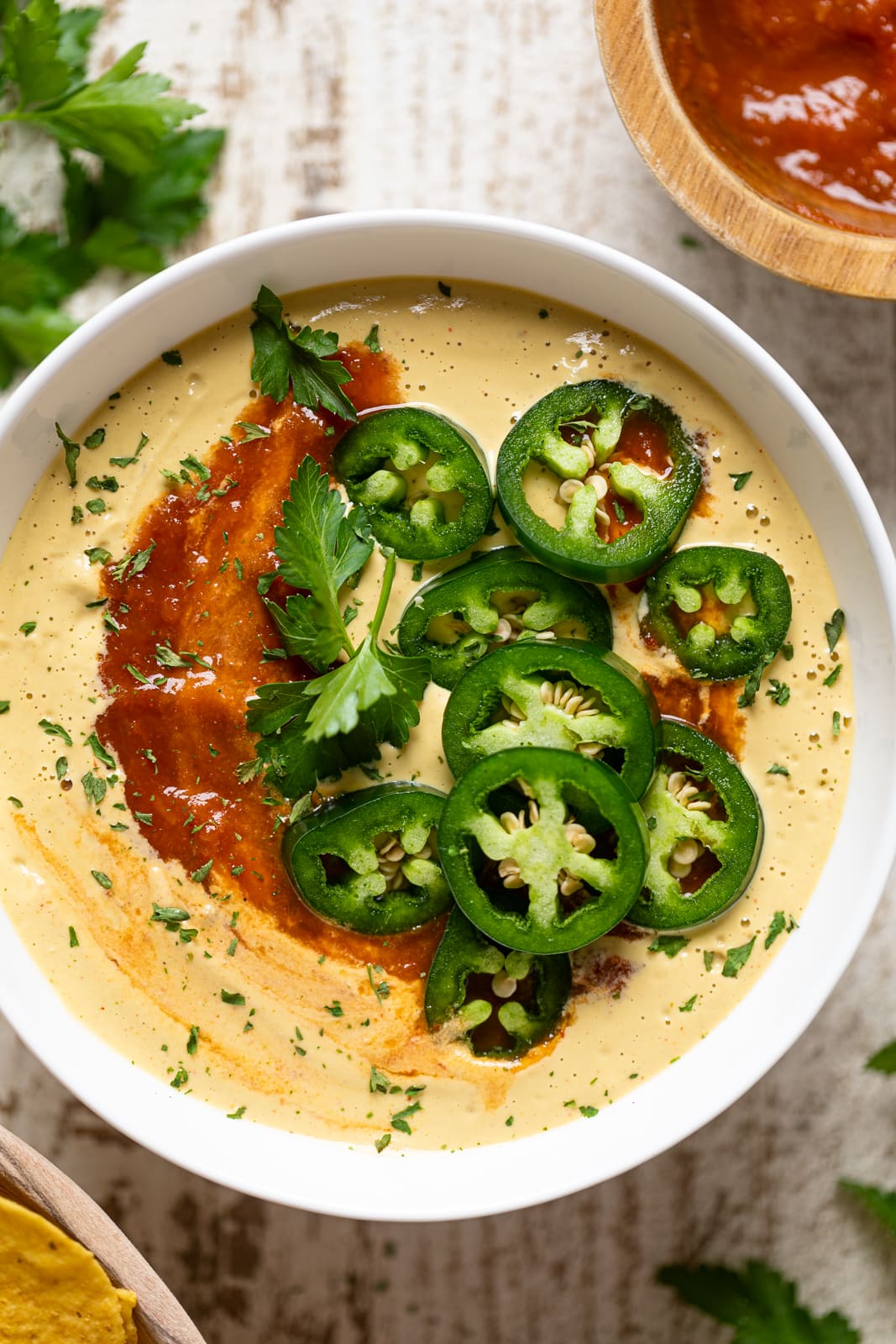 Closeup of a bowl of Vegan Jalapeno Queso Dip