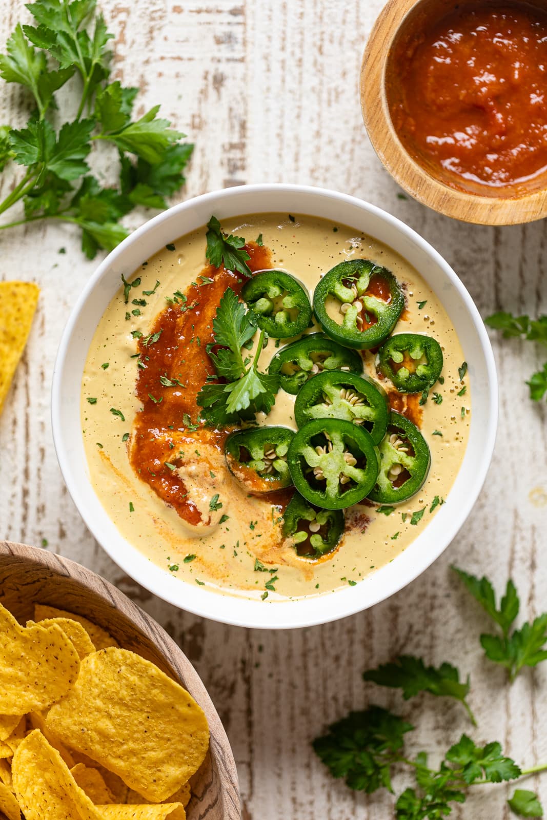 Overhead shot of a bowl of Vegan Jalapeno Queso Dip