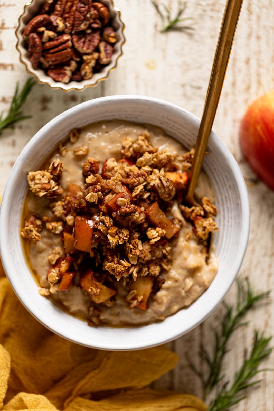 Closeup of a bowl of Breakfast Apple Crumble Oatmeal