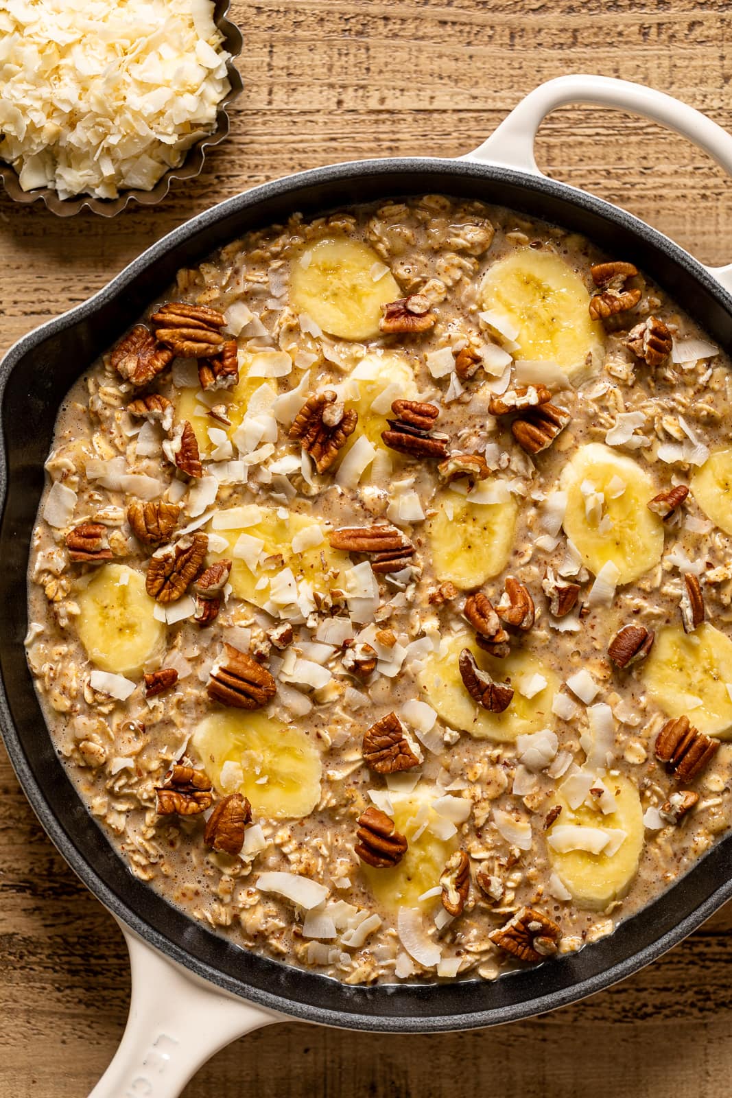 Pan of uncooked Jamaican-inspired Banana Bread Baked Oatmeal