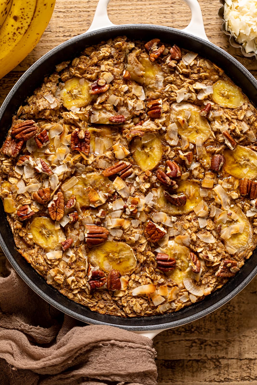 Pan of cooked Jamaican-inspired Banana Bread Baked Oatmeal