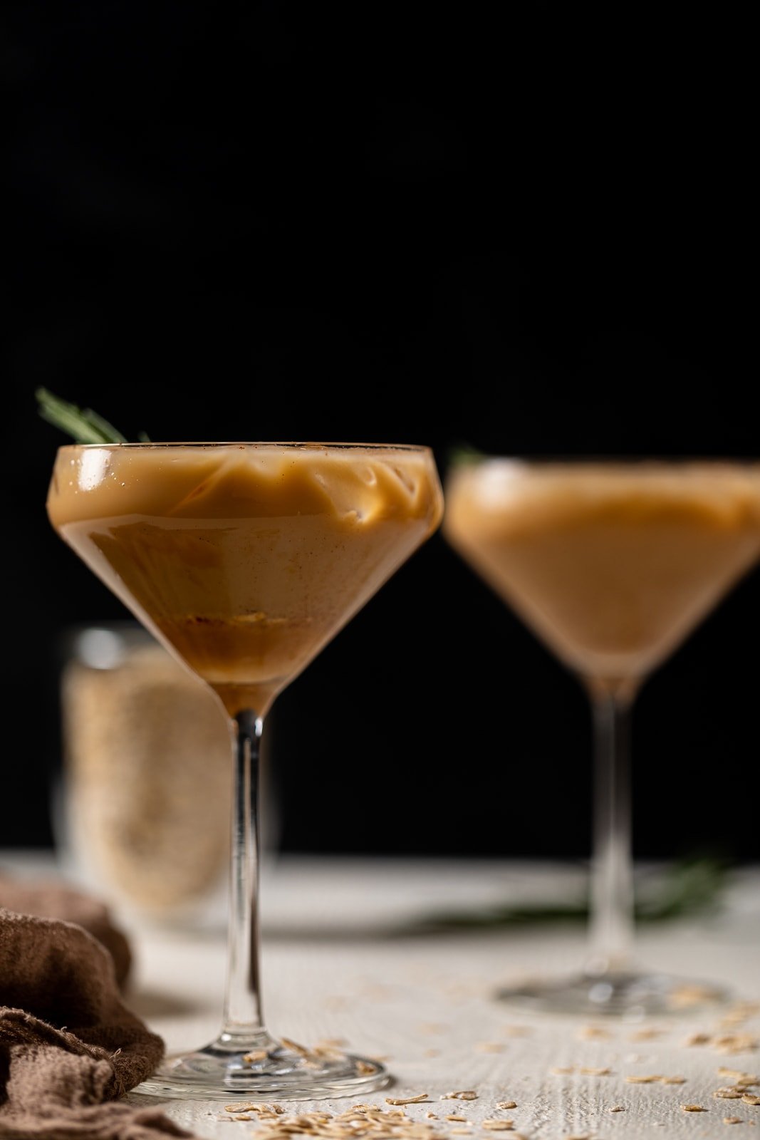 Caramel Oat Latte Mocktails in long-stemmed glasses
