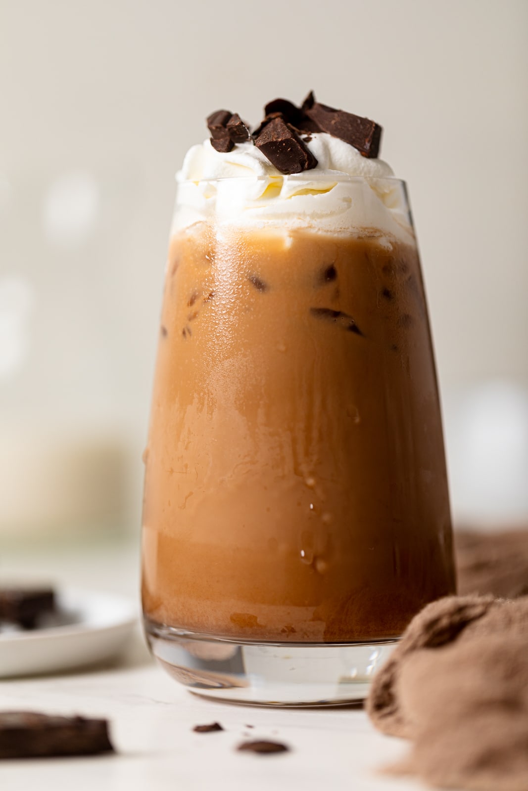 Closeup of a dairy-free Iced Mocha Latte