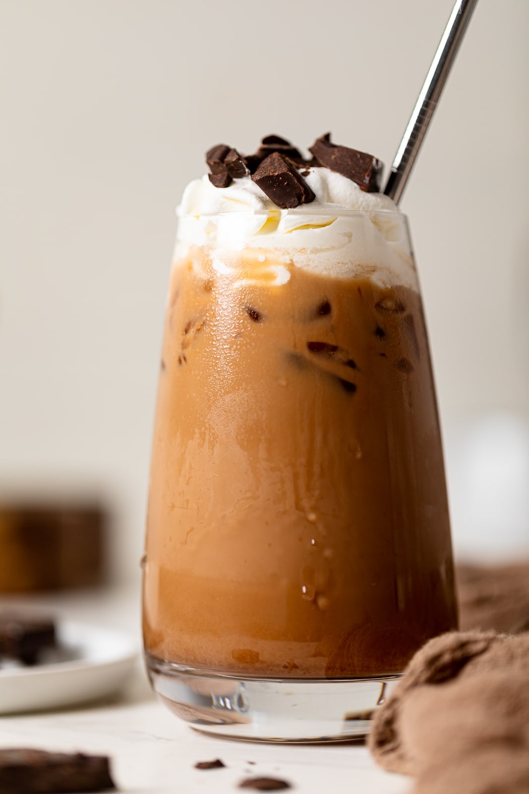 Closeup of a dairy-free Iced Mocha Latte