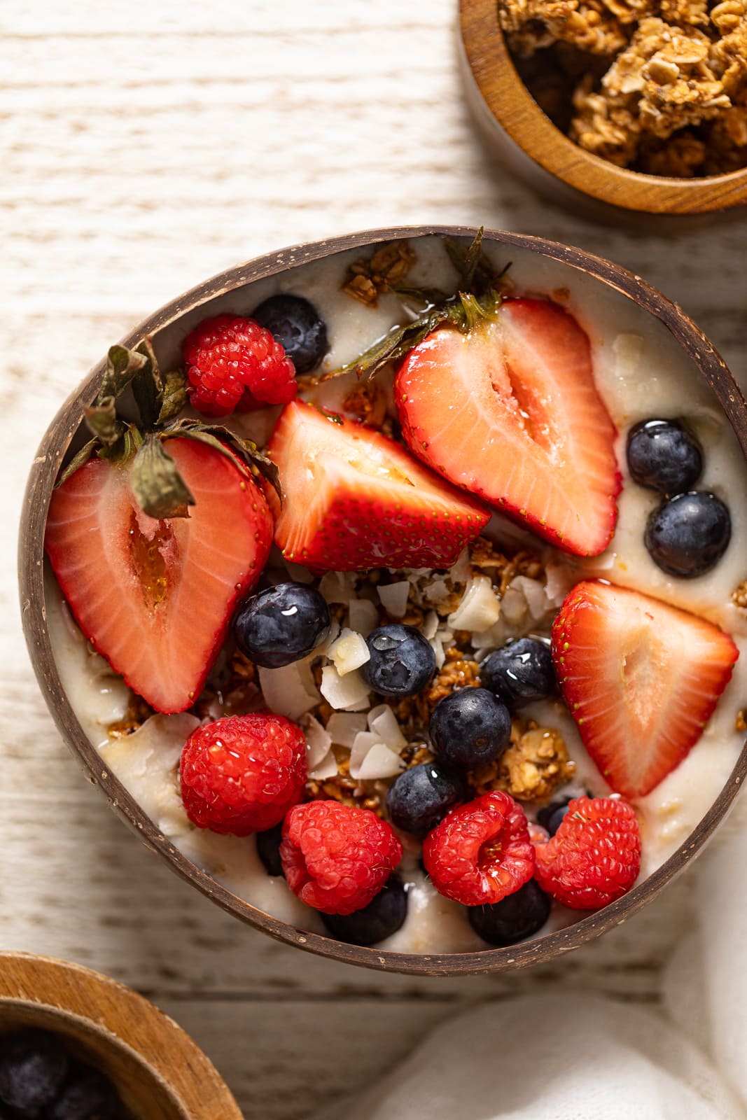 Closeup of a Coconut Berry Oatmeal Breakfast Bowl