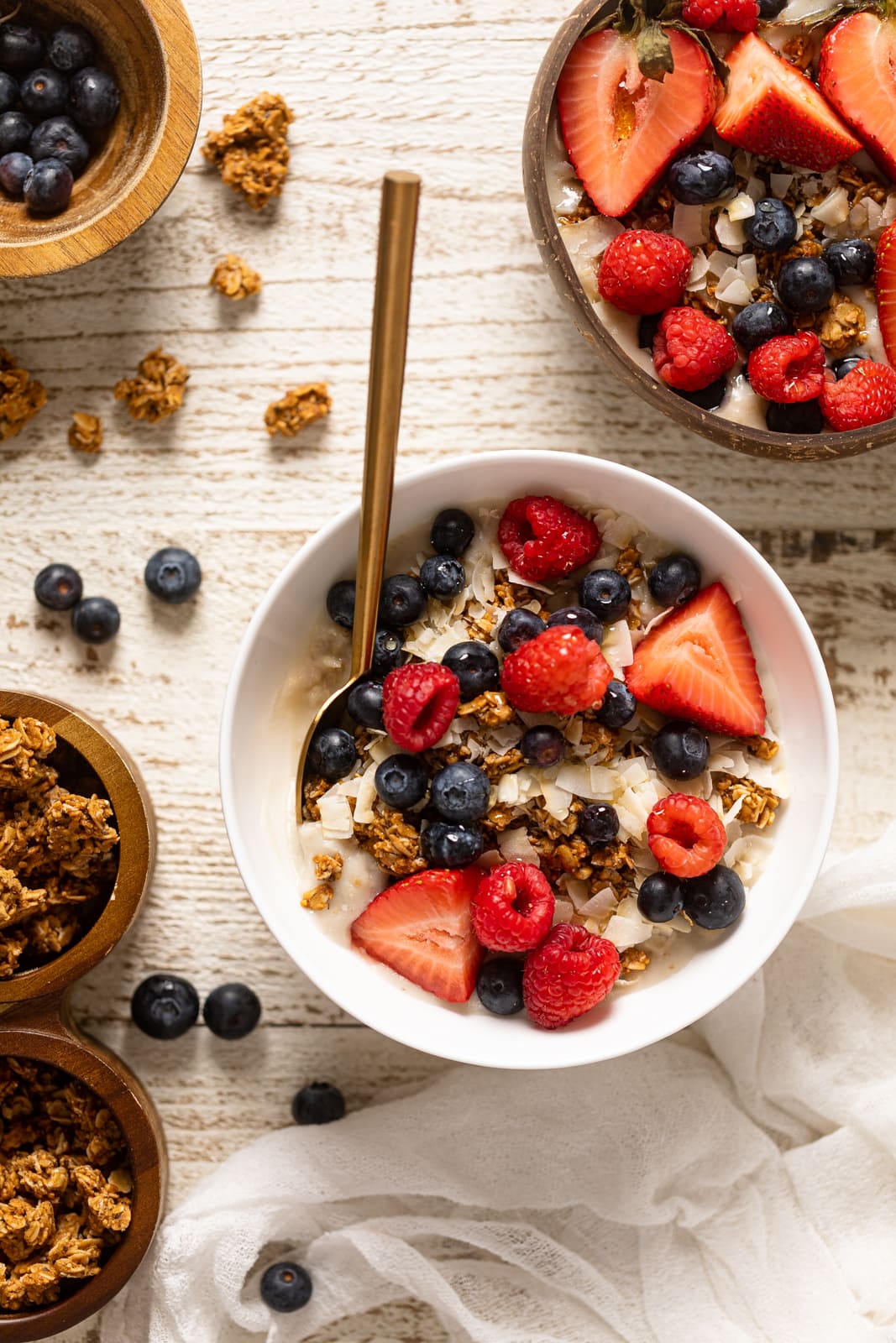 Overhead shot of Coconut Berry Oatmeal Breakfast Bowls