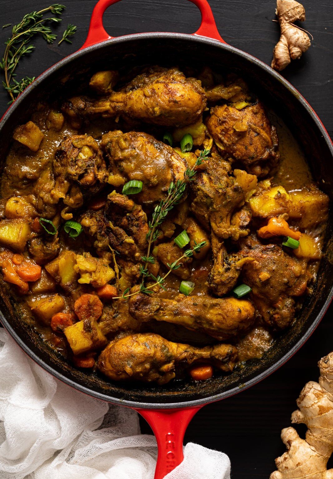 Jamaican Curry Chicken in a skillet.