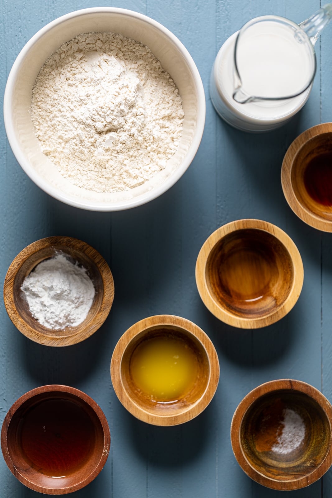 Ingredients for pancakes including flour, baking powder, and vegan butter