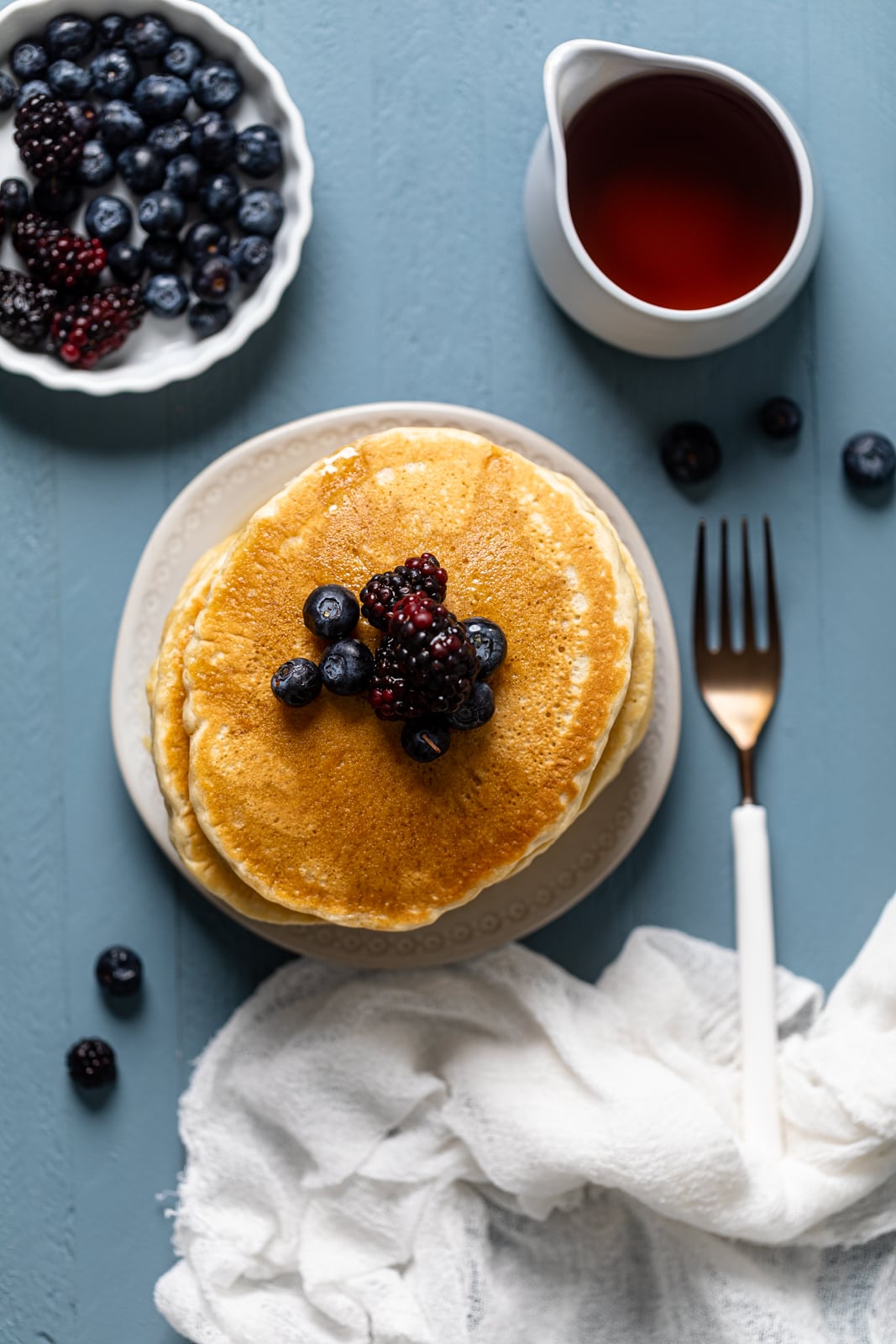 Overhead shot of a stack of pancakes