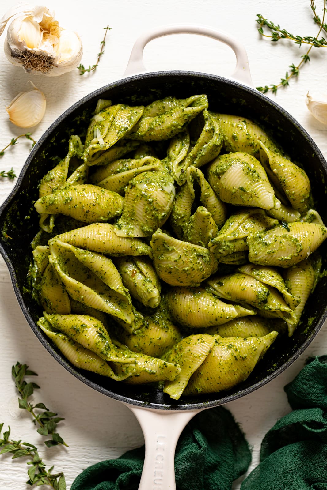 Skillet of Creamy Roasted Garlic Kale Pasta w/ Parmesan