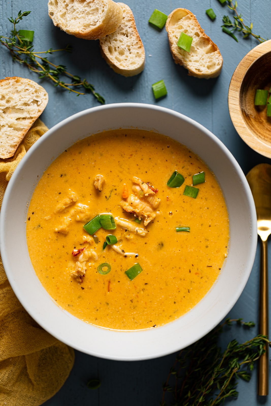 Overhead shot of a bowl of Creamy Lobster Bisque