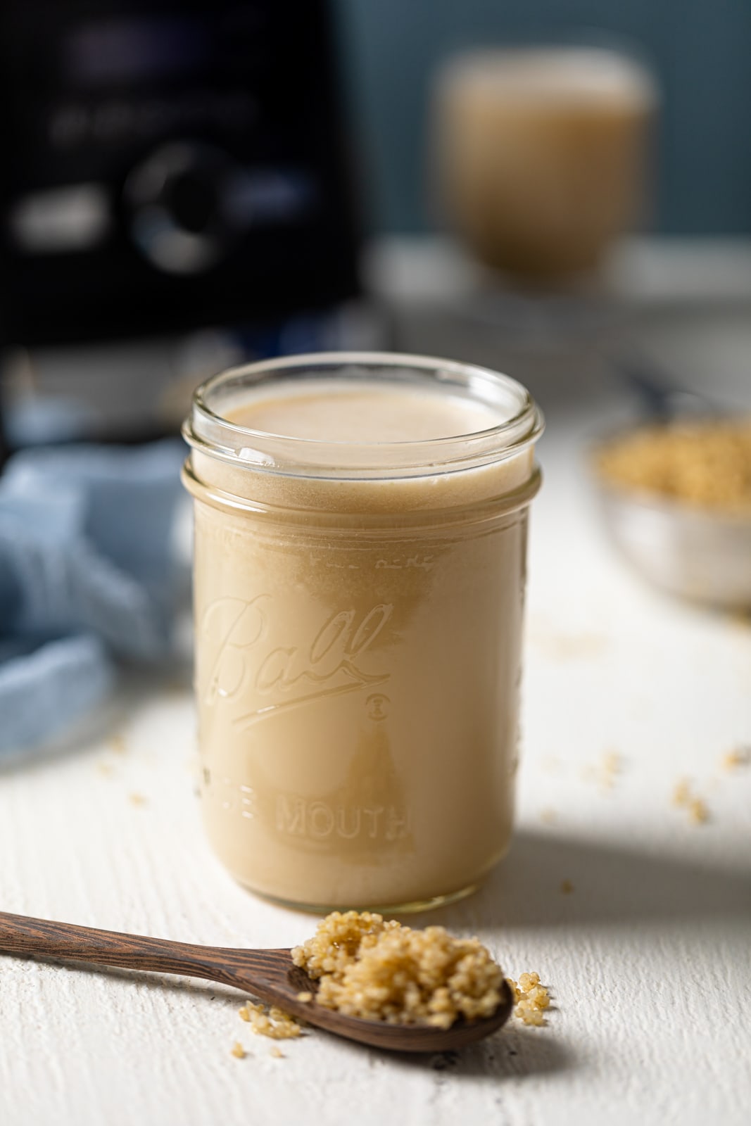 Canning jar of quinoa milk