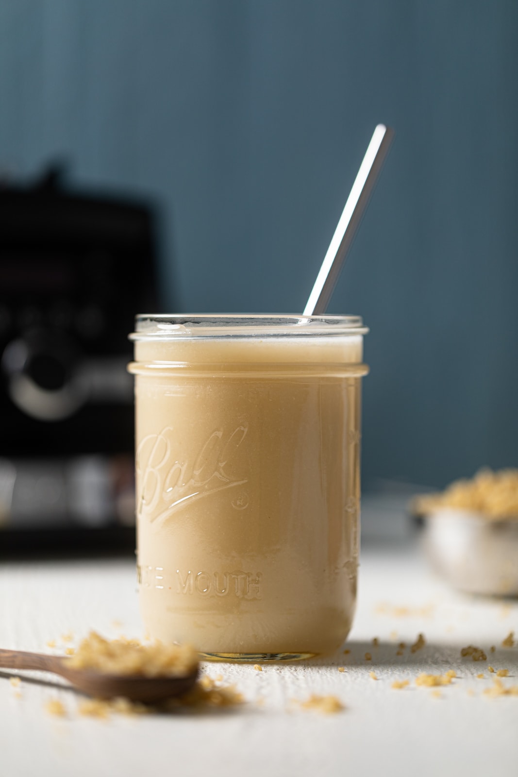 Canning jar of quinoa milk