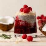 Small glass of Coconut Raspberry Chia Pudding