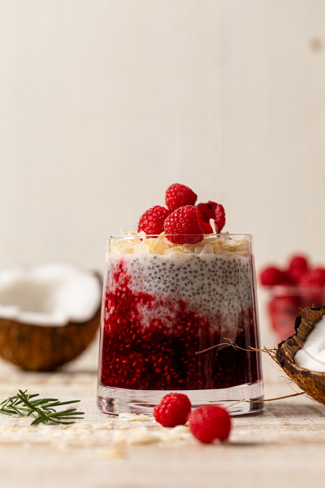 Closeup of a glass of Coconut Raspberry Chia Pudding