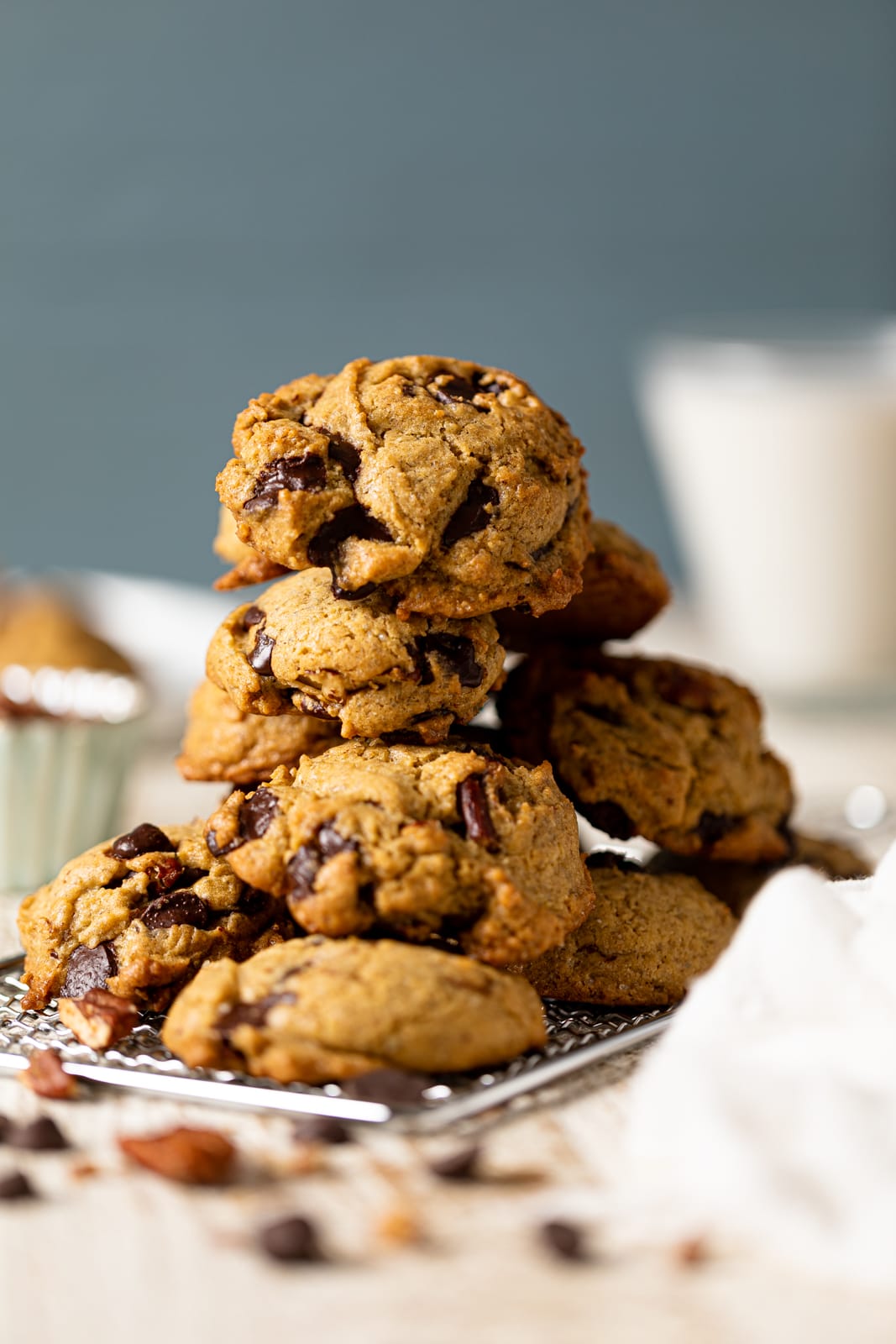 Pile of Espresso Rye Pecan Chocolate Chip Cookies on a wire rack