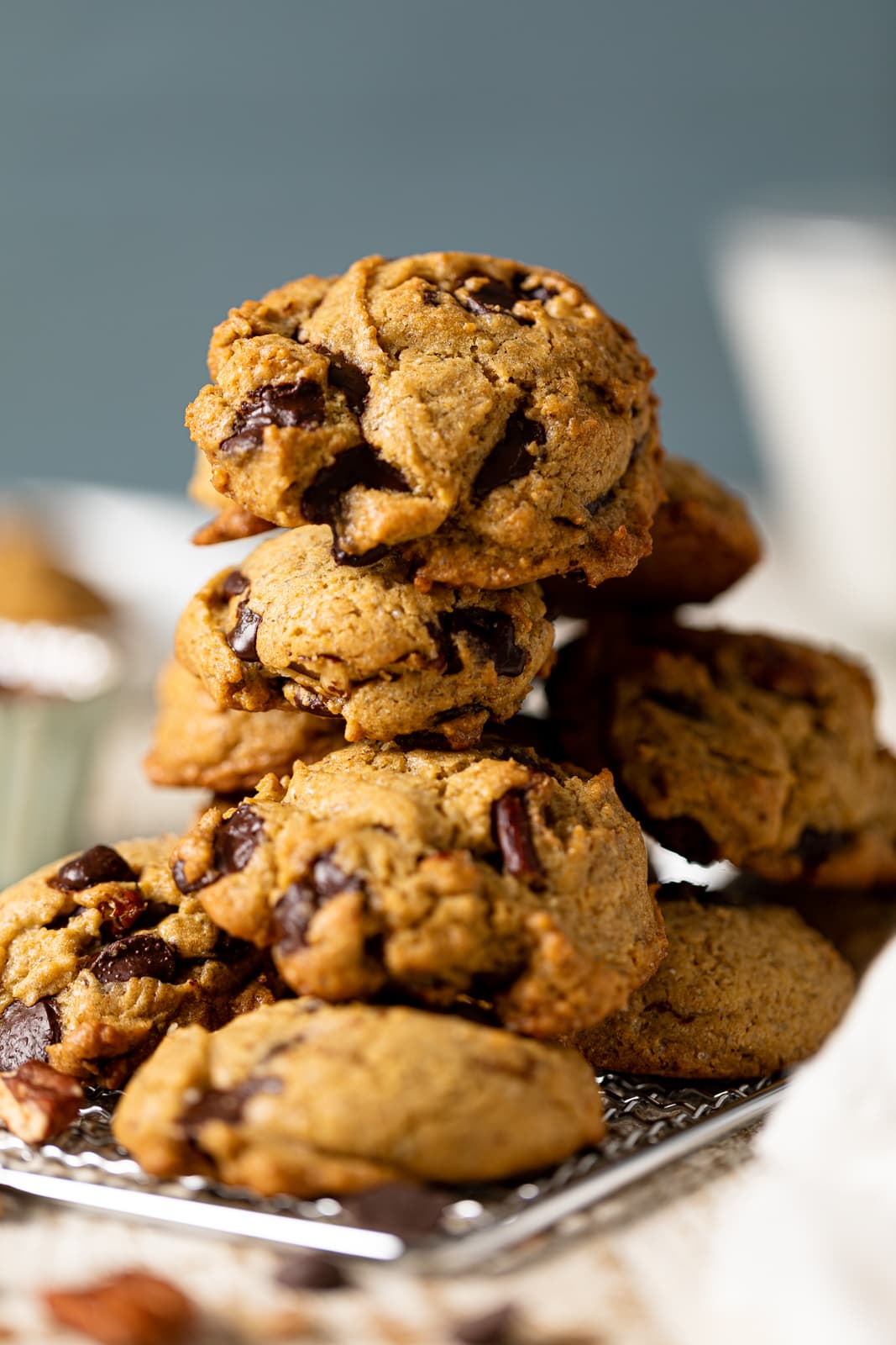 Closeup of a pile of Espresso Rye Pecan Chocolate Chip Cookies
