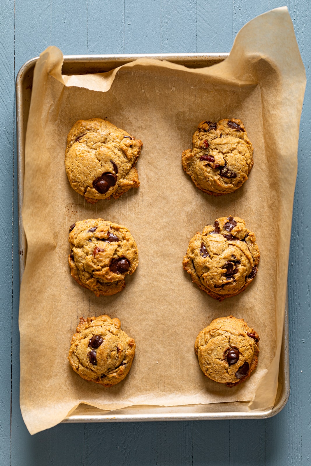 Espresso Rye Pecan Chocolate Chip Cookies on a baking sheet