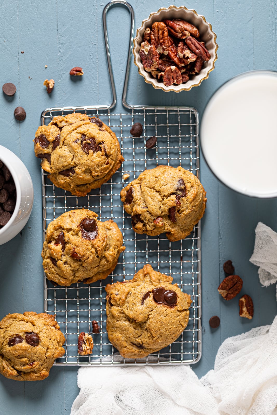 Espresso Rye Pecan Chocolate Chip Cookies on a wire rack