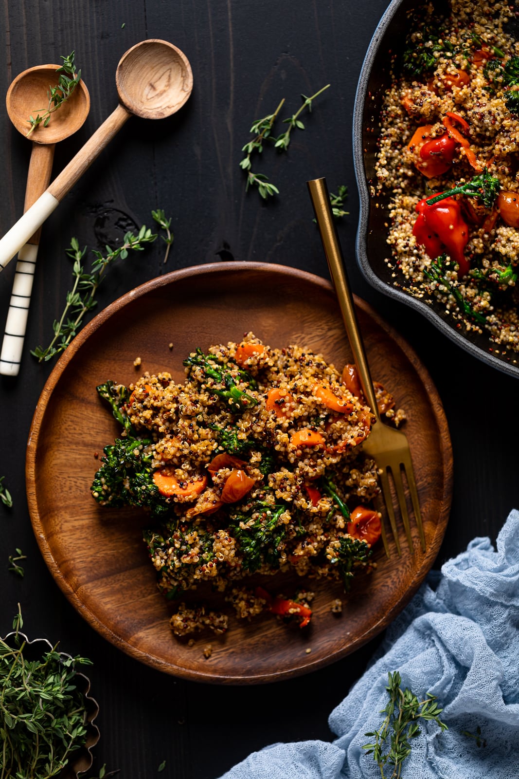 Wooden plate of Spicy Veggie Quinoa Skillet