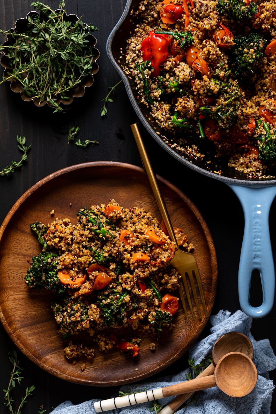 Wooden plate of Spicy Veggie Quinoa Skillet