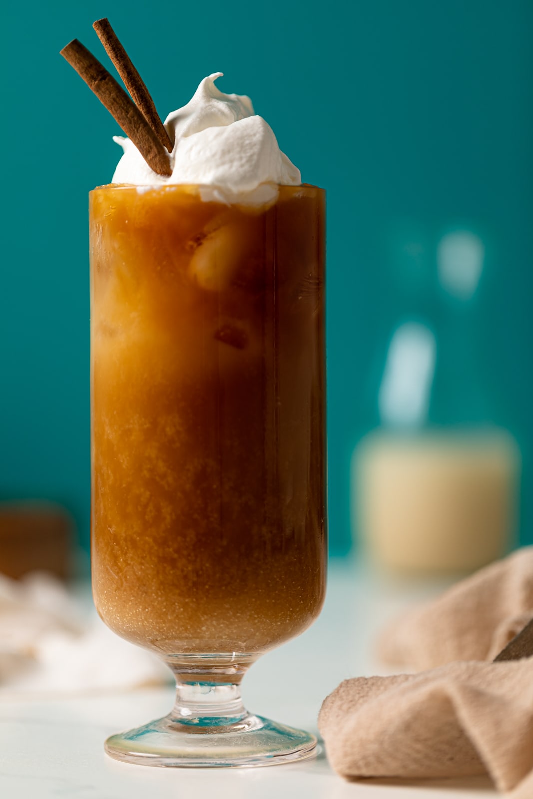 Closeup of an Iced Vanilla Latte with Quinoa Milk