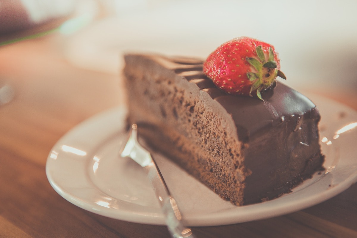 Slice of chocolate cake on a small plate