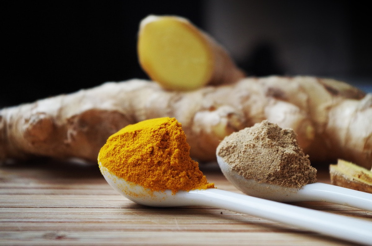 Two white spoons with large scoops of spice in front of a ginger root