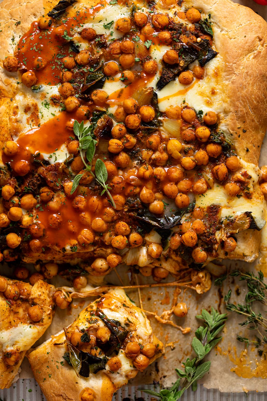 Closeup of Sheet Pan Roasted Garlic Buffalo Chickpea Pizza