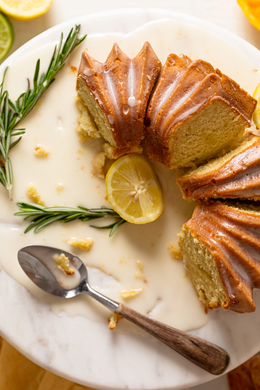 Closeup of a half-missing Olive Oil Bundt Cake