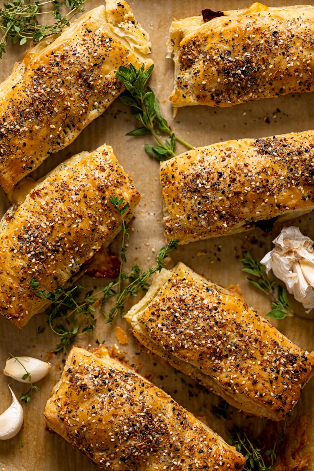 Closeup of several Everything Brussels Sprouts and Mozzarella Hand Pies