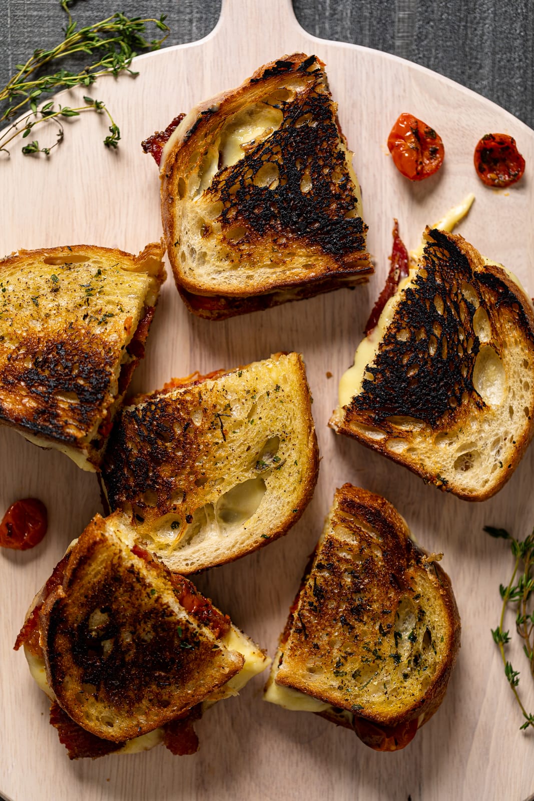 Overhead shot of halved Southern-Style Bacon Grilled Cheese Sandwiches