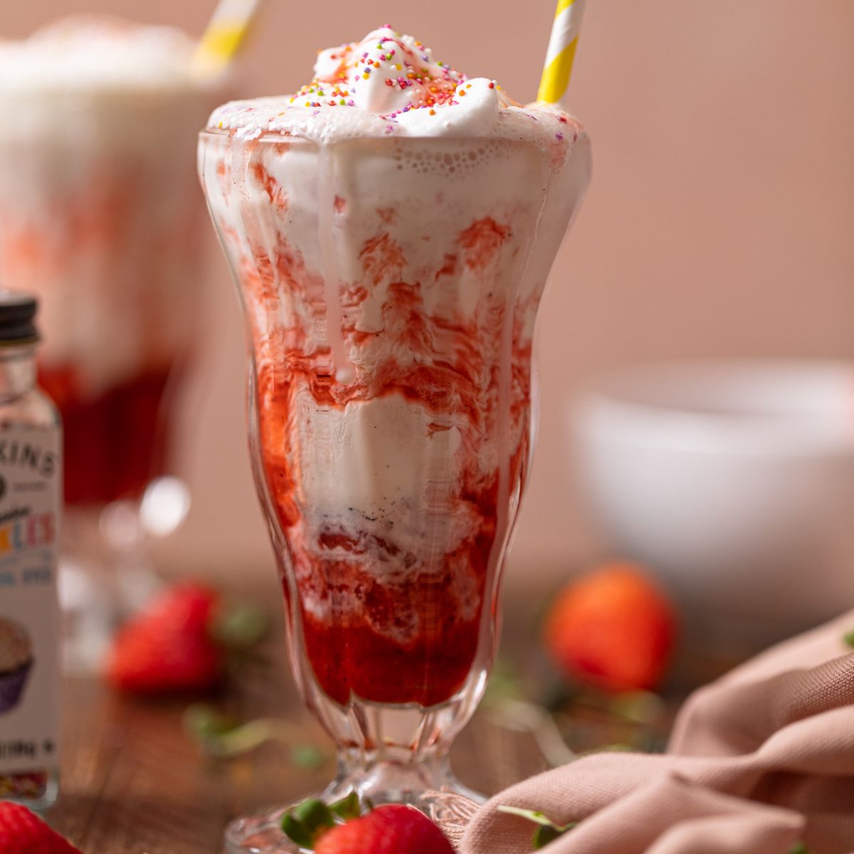 Up close shot of Insanely Good Strawberry Milkshake [Dairy-Free].