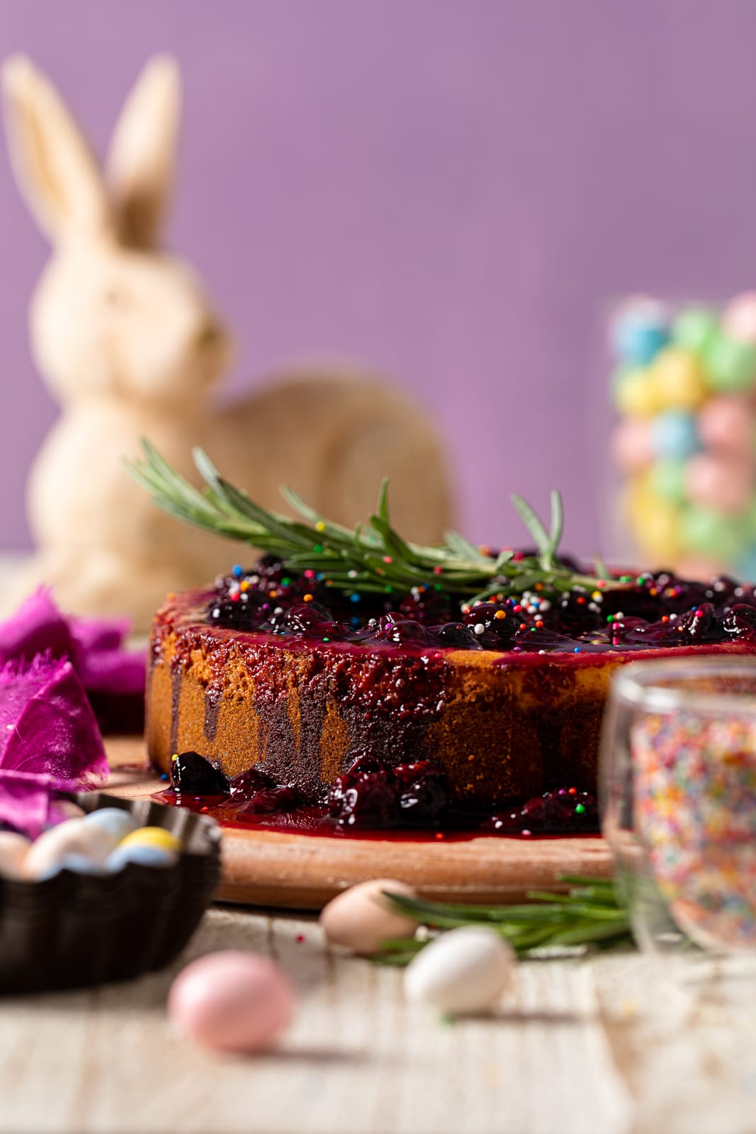 Full Lemon Blueberry Cheesecake on a wooden board