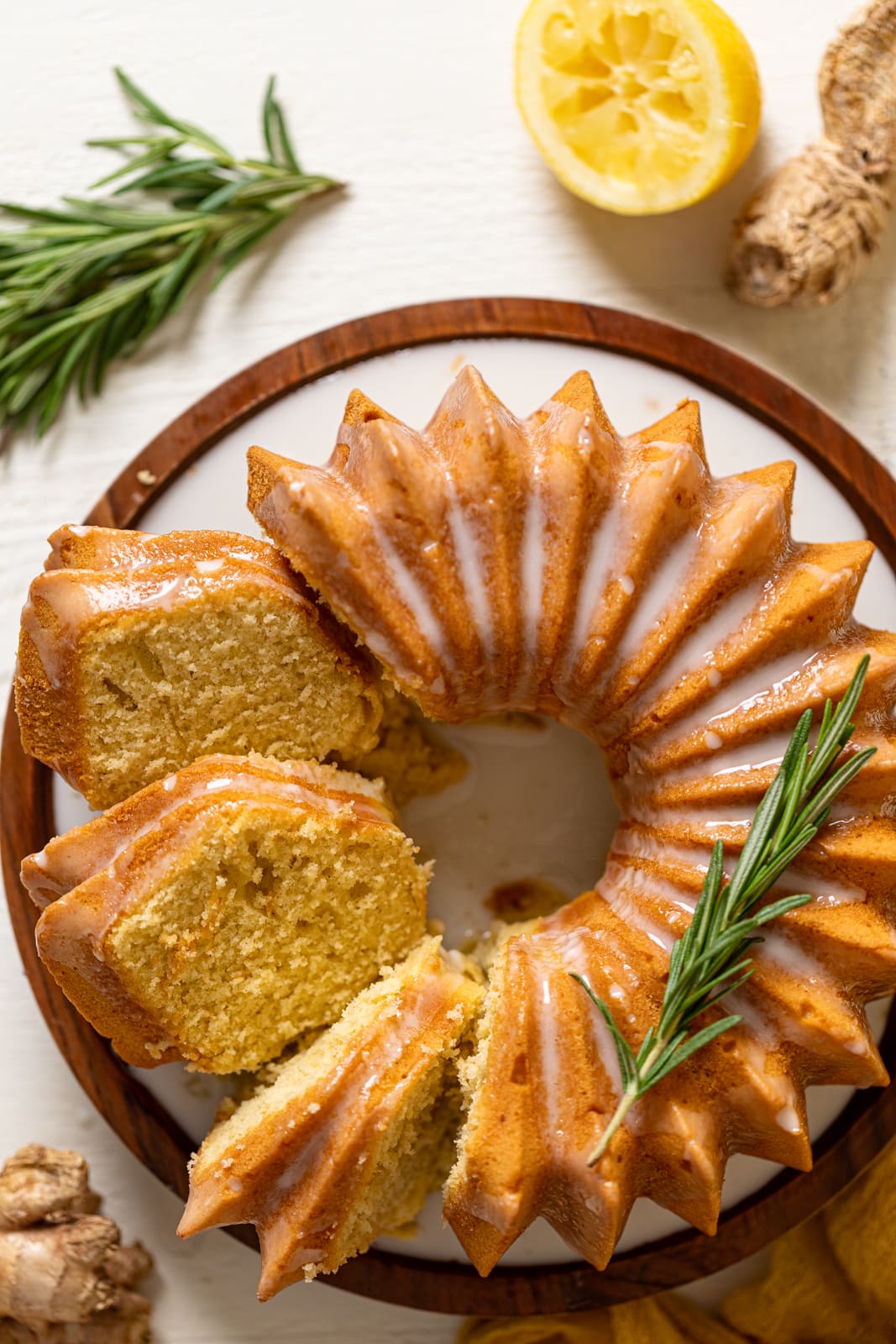 Overhead shot of a partially-sliced Lemon Ginger Bundt Cake