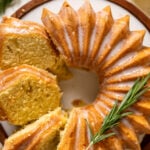 Closeup of a partially-sliced Lemon Ginger Bundt Cake