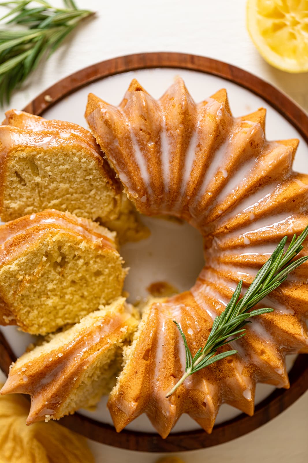 Closeup of a partially-sliced Lemon Ginger Bundt Cake