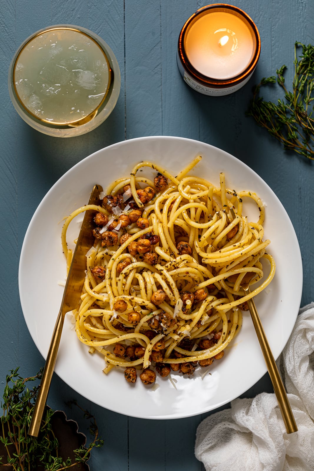 Overhead shot of a plate of Lemon Herb Roasted Chickpeas and Bucatini