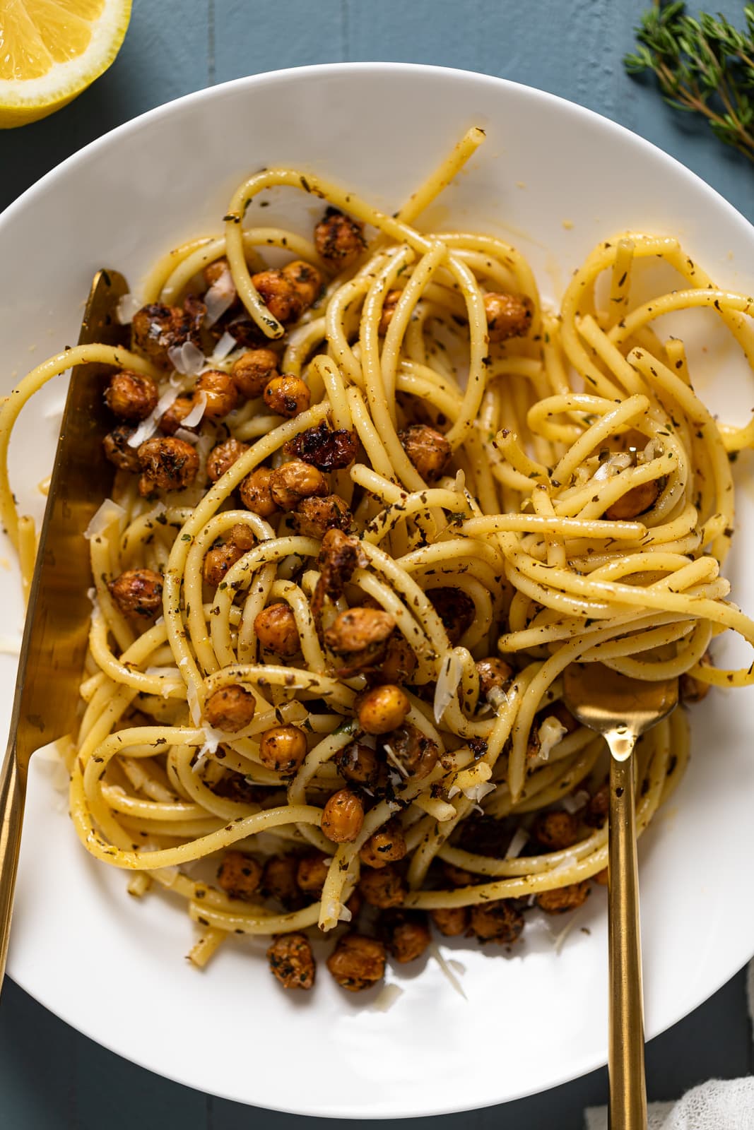 Closeup of a plate of Lemon Herb Roasted Chickpeas and Bucatini