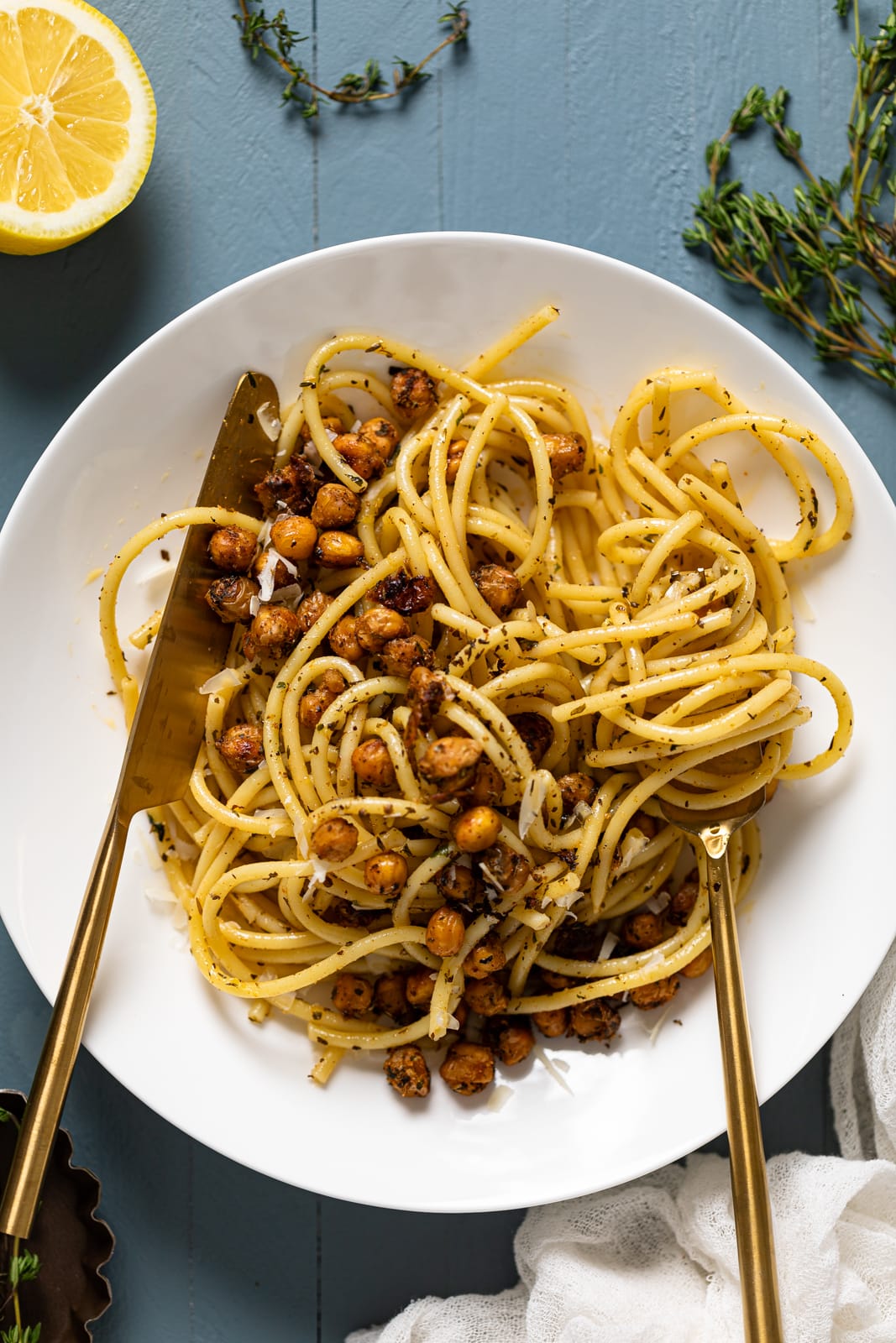 Plate of Lemon Herb Roasted Chickpeas with Bucatini