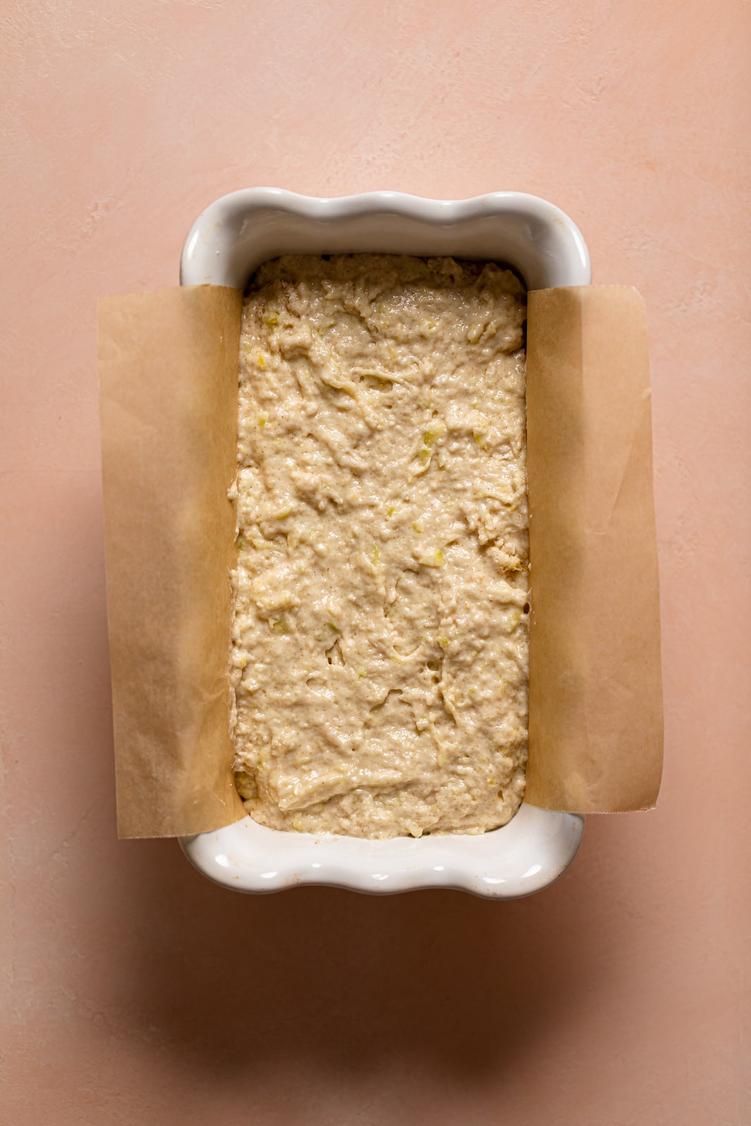 Baking pan full of Vegan Lemon Zucchini Bread dough