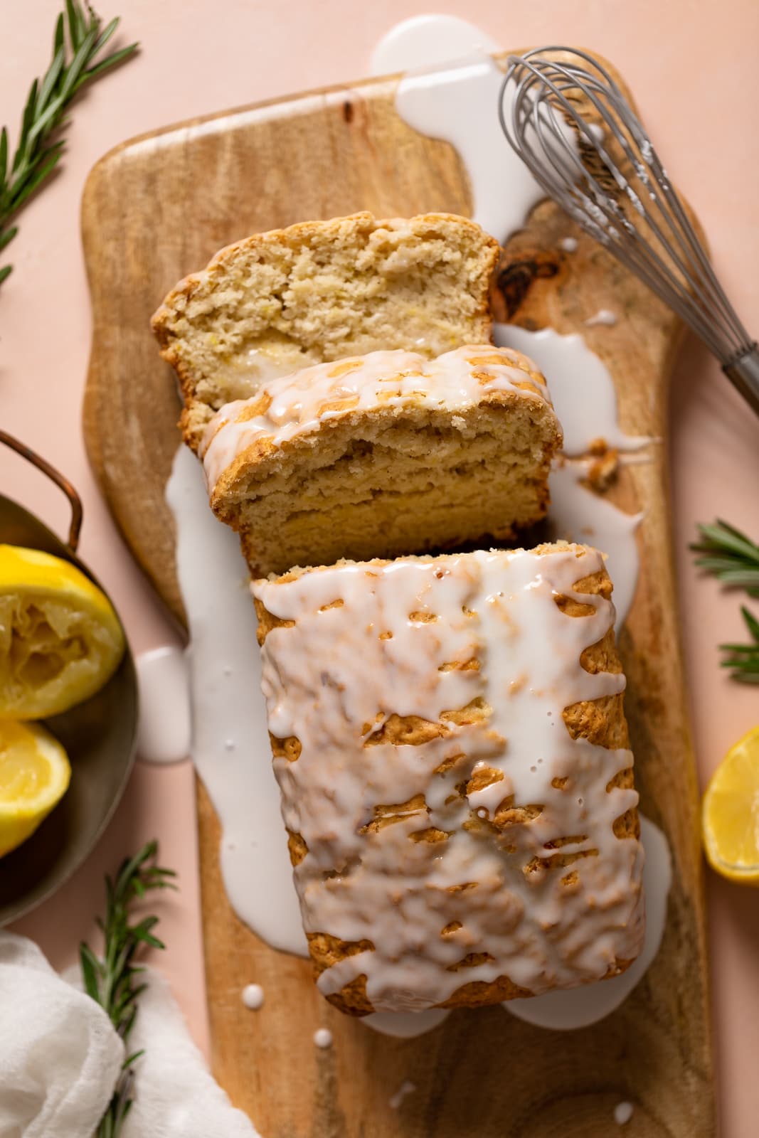 Overhead shot of glazed Vegan Lemon Zucchini Bread