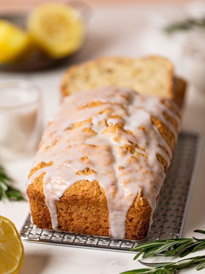 Slice of glazed Vegan Lemon Zucchini Bread