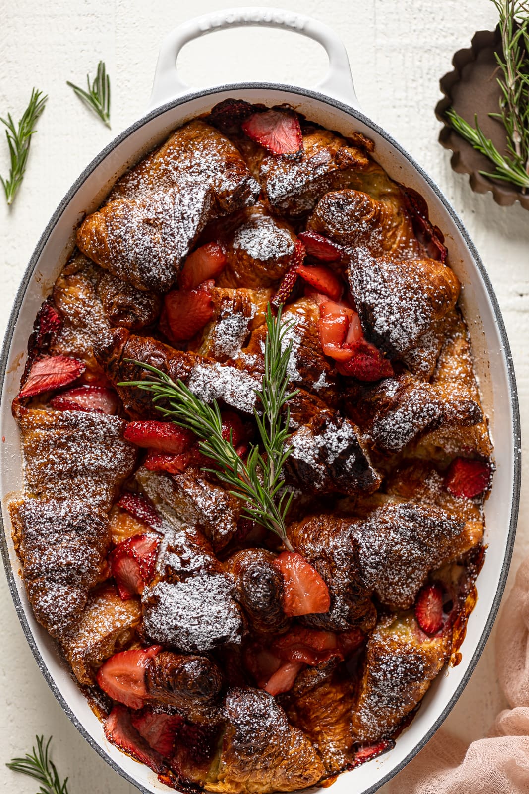 Overhead shot of Baked Strawberry Croissant French Toast