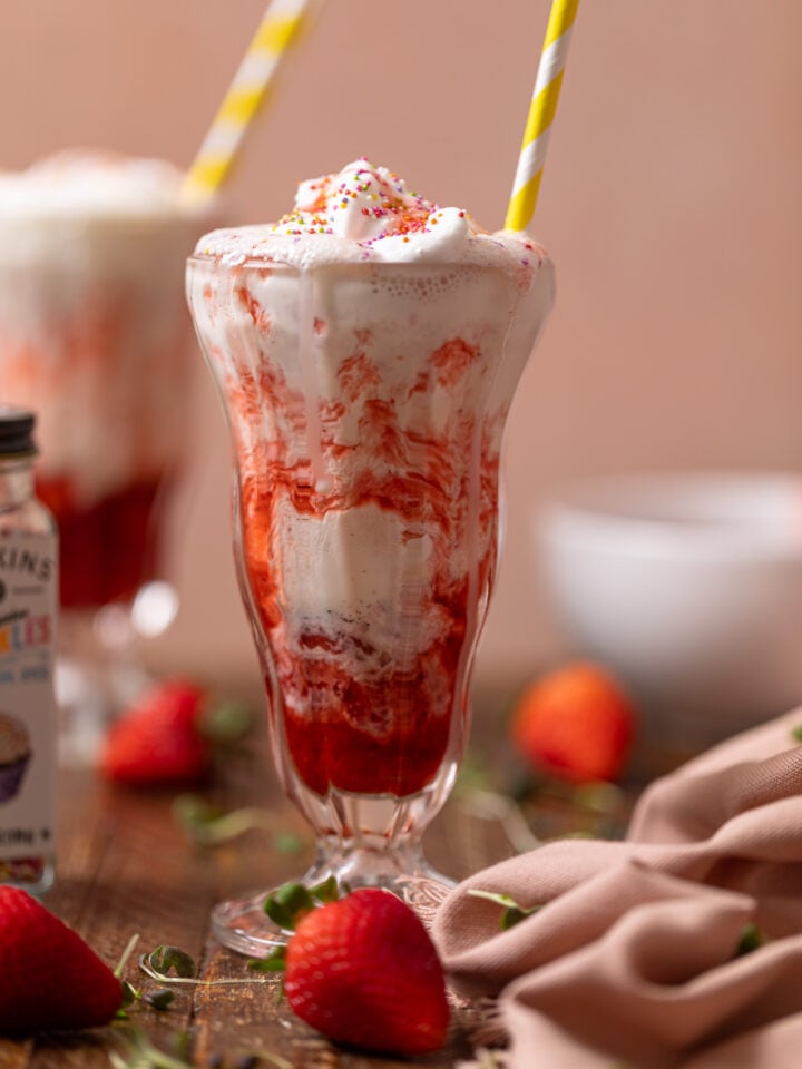 Up close shot of Insanely Good Strawberry Milkshake [Dairy-Free].