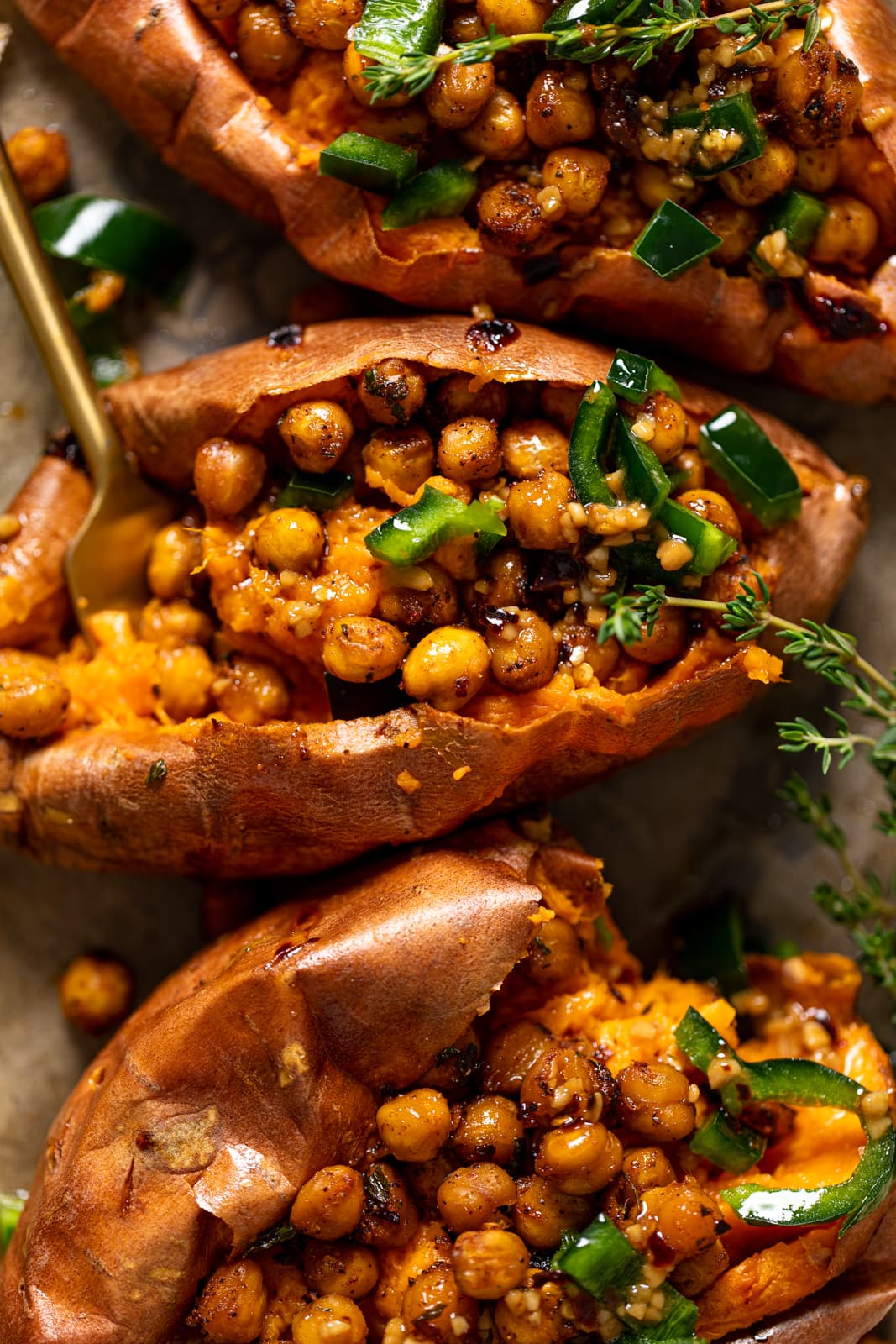 Closeup of a Spiced Chickpea Stuffed Sweet Potato. Weeknight dinner.