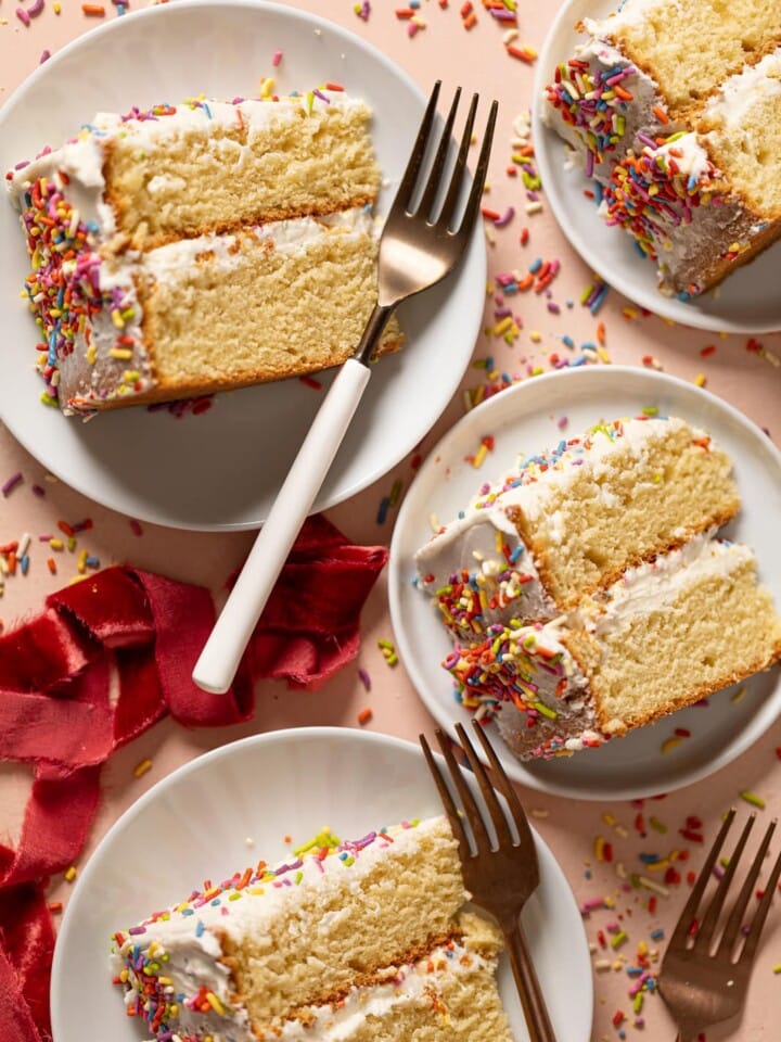 Slices of Vanilla Yogurt Cake with Sprinkles on small plates