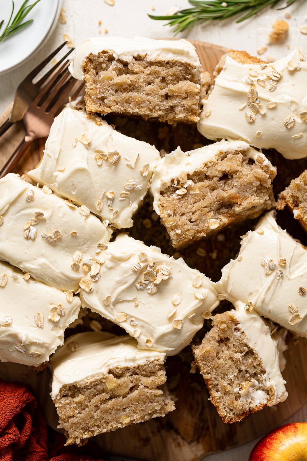 Overhead shot of a sliced Vegan Apple Oatmeal Sheet Cake