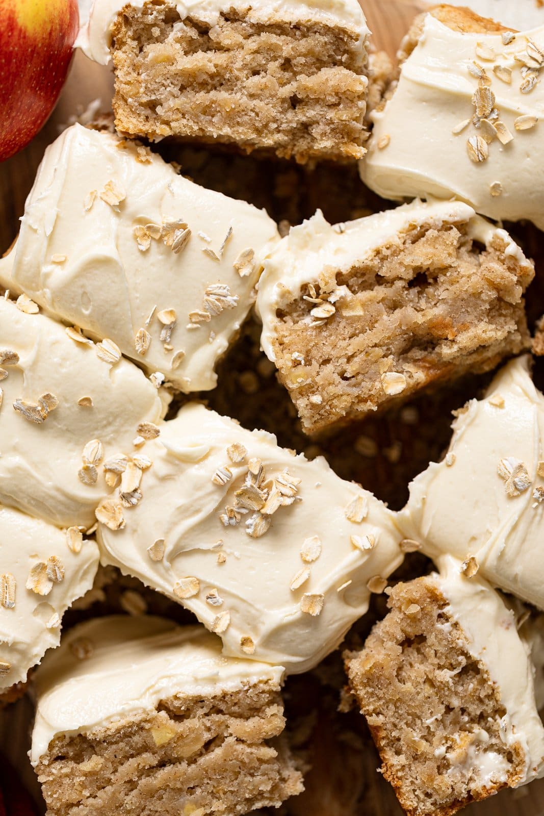 Closeup of a sliced Vegan Apple Oatmeal Sheet Cake